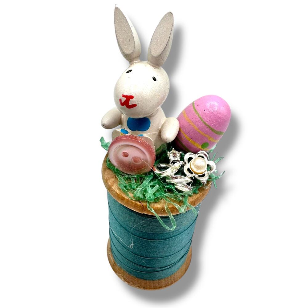 Tiny Easter Assemblage Holiday Decor - Wooden Spool with Bunny